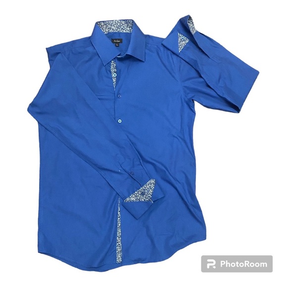 ST. LYNN Men’s Blue Buttondown Shirt Floral Accent on Interfacing & Sleeves Sz L - Picture 6 of 10